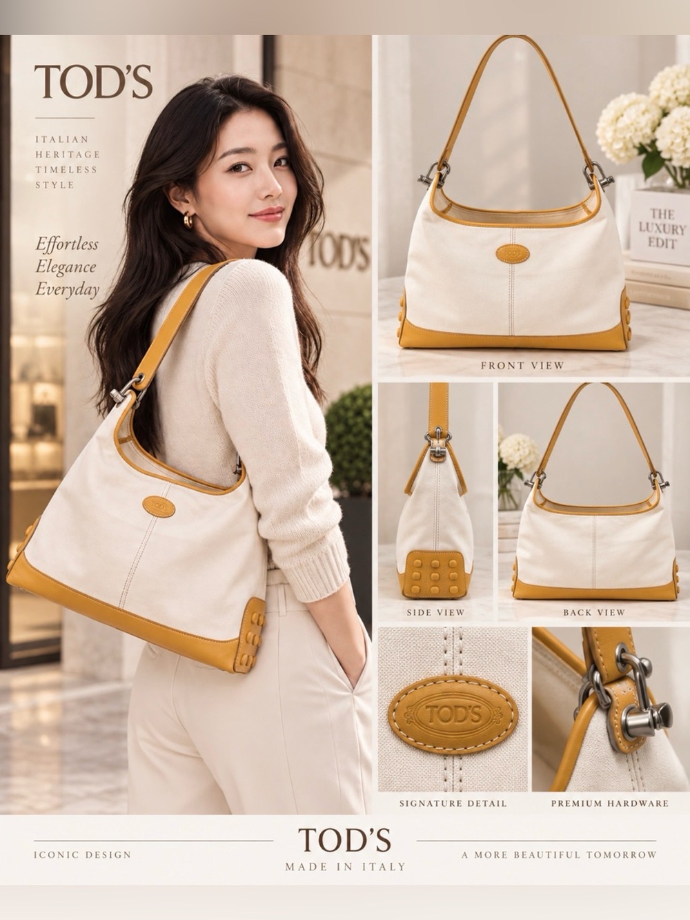 Tod's Cream Canvas & Leather Shoulder Bag Made in Italy Hobo